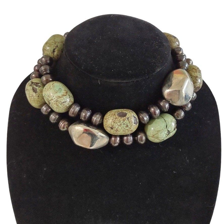 Chunky Jasper Stone Statement Necklace Organic Stones Beads Southwestern Silver