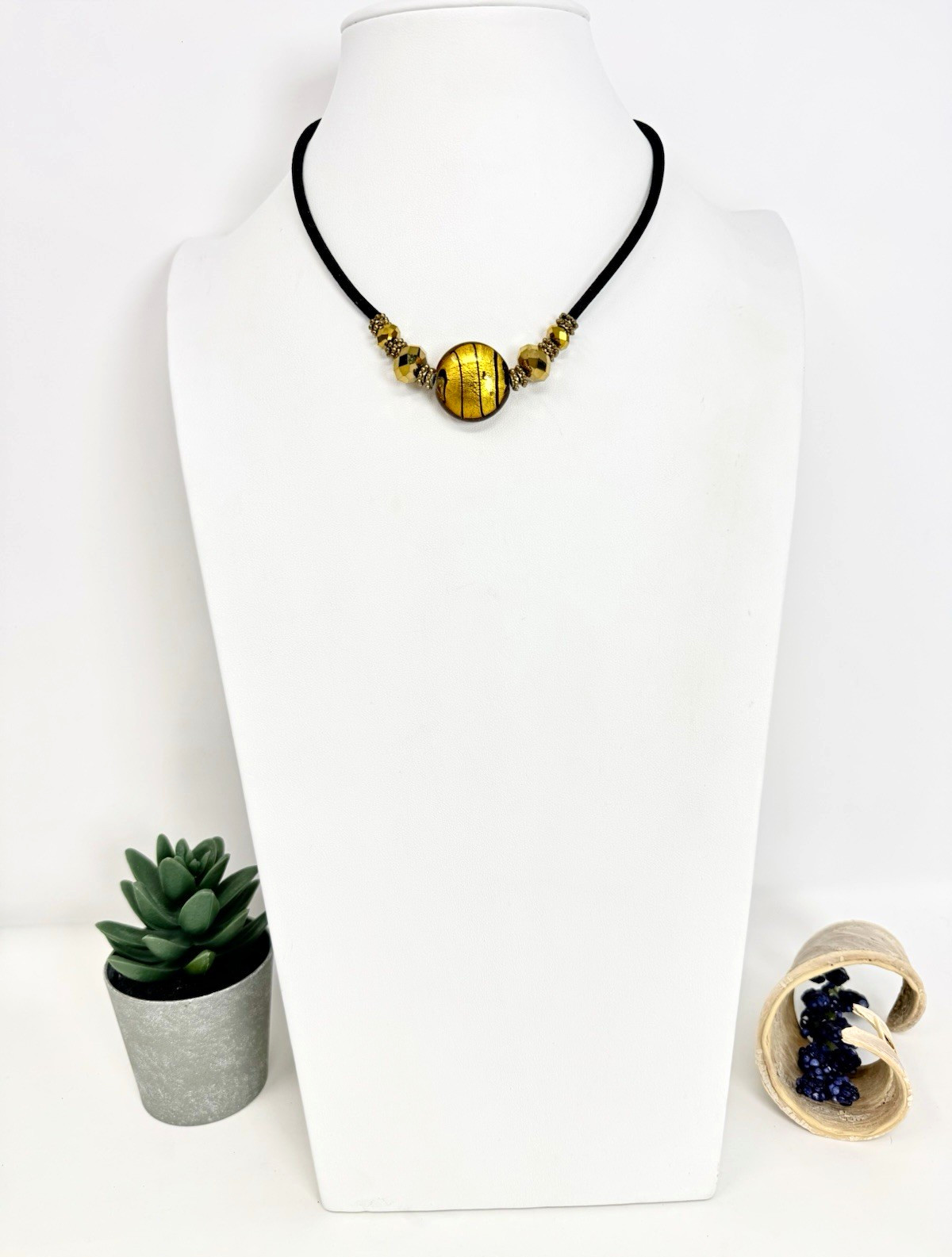 Artisan Murano Style Gold Foil Glass Bead Cord Necklace