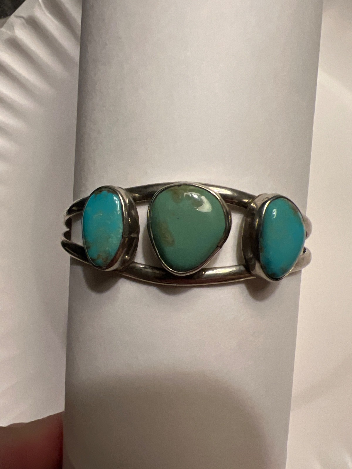Real 3 Stone Turquoise, SW Alpaca Turquoise Cuff Adult- Medium Bracelet