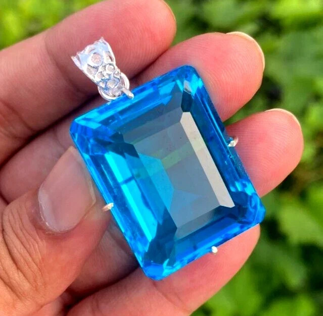 105 Ct Natural Blue Topaz Emerald Cut Certified 925 Solid Silver Pendant