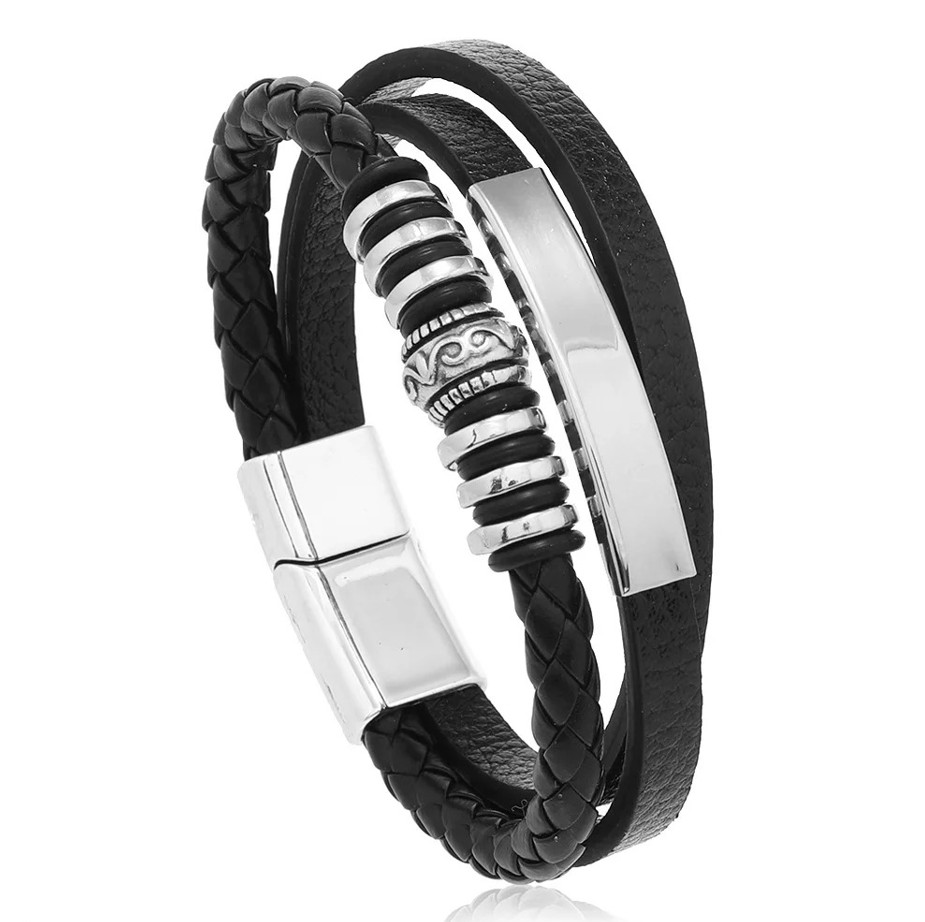 Men’s Multilayer Braided Leather Bracelet with Stainless Steel Clasp 21cm