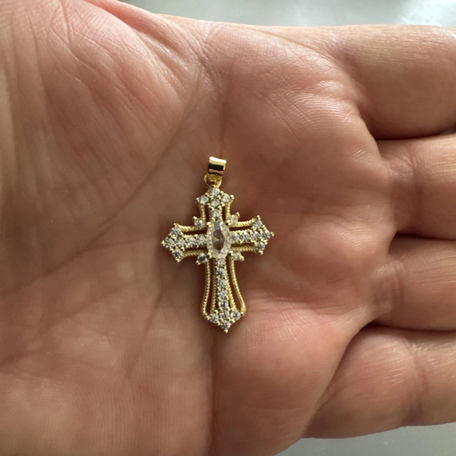 Gold Plated Cross Pendant Cubic Zirconia Religious Faith Gift Jesus Christ