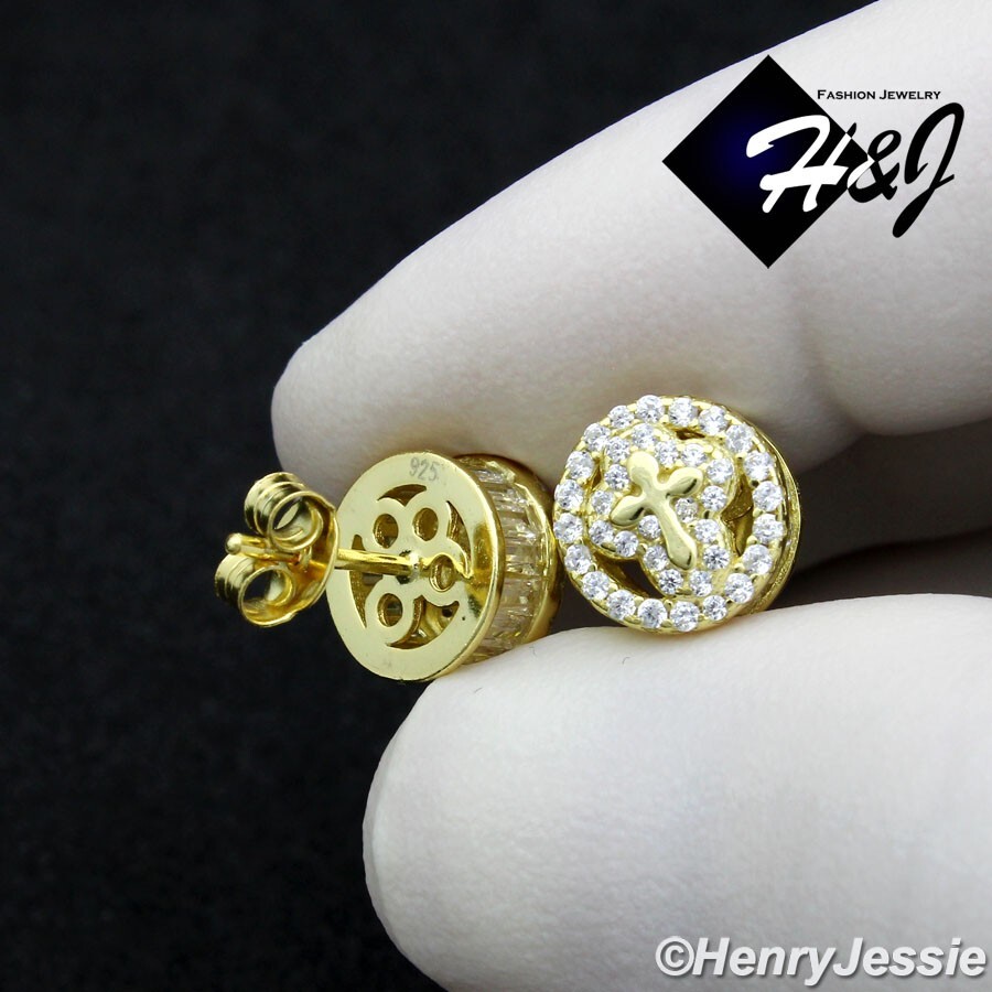 925 STERLING SILVER ICY BAGUETTE CZ CROSS 9MM ROUND GOLD PLATED STUD EARRING*283