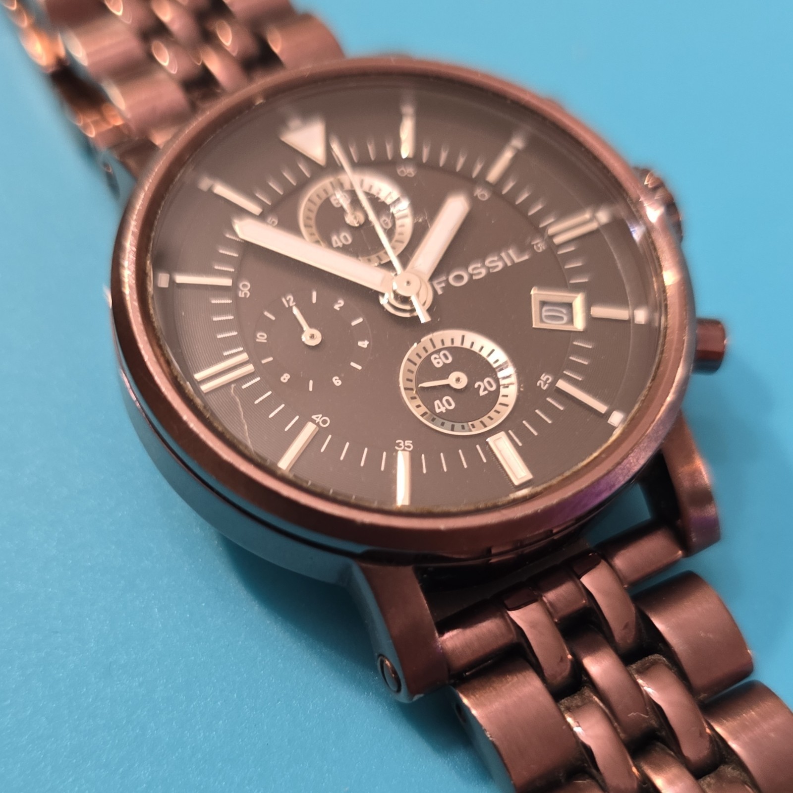 Fossil ES-1905 quartz chronograph black dial brown SS bracelet 50m 38mm case