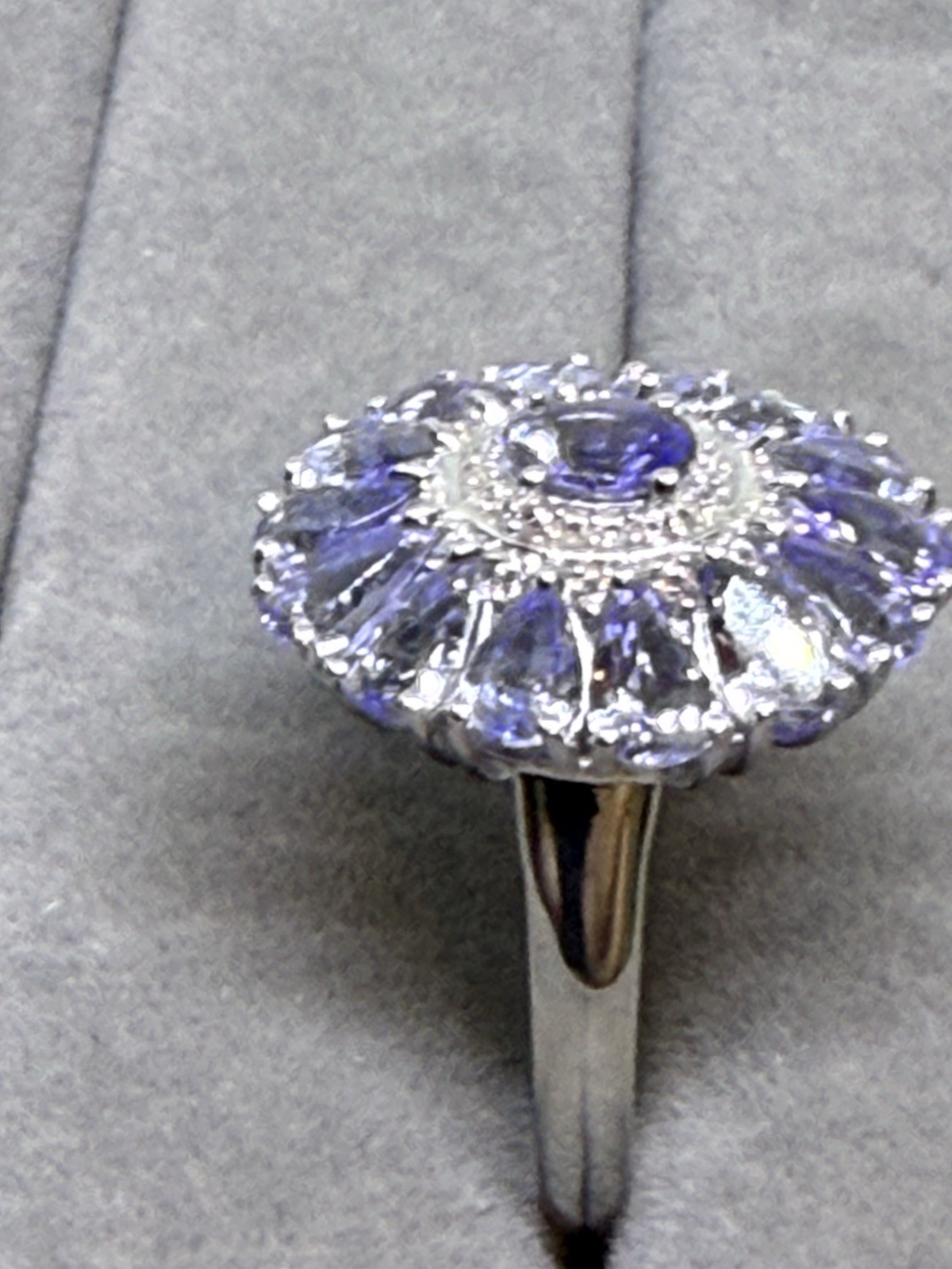 D’Joy Tanz. ,White Zirc. Blue Flow. Ring In Rhod. Over Ster. Silver Sz. 6, 3.75