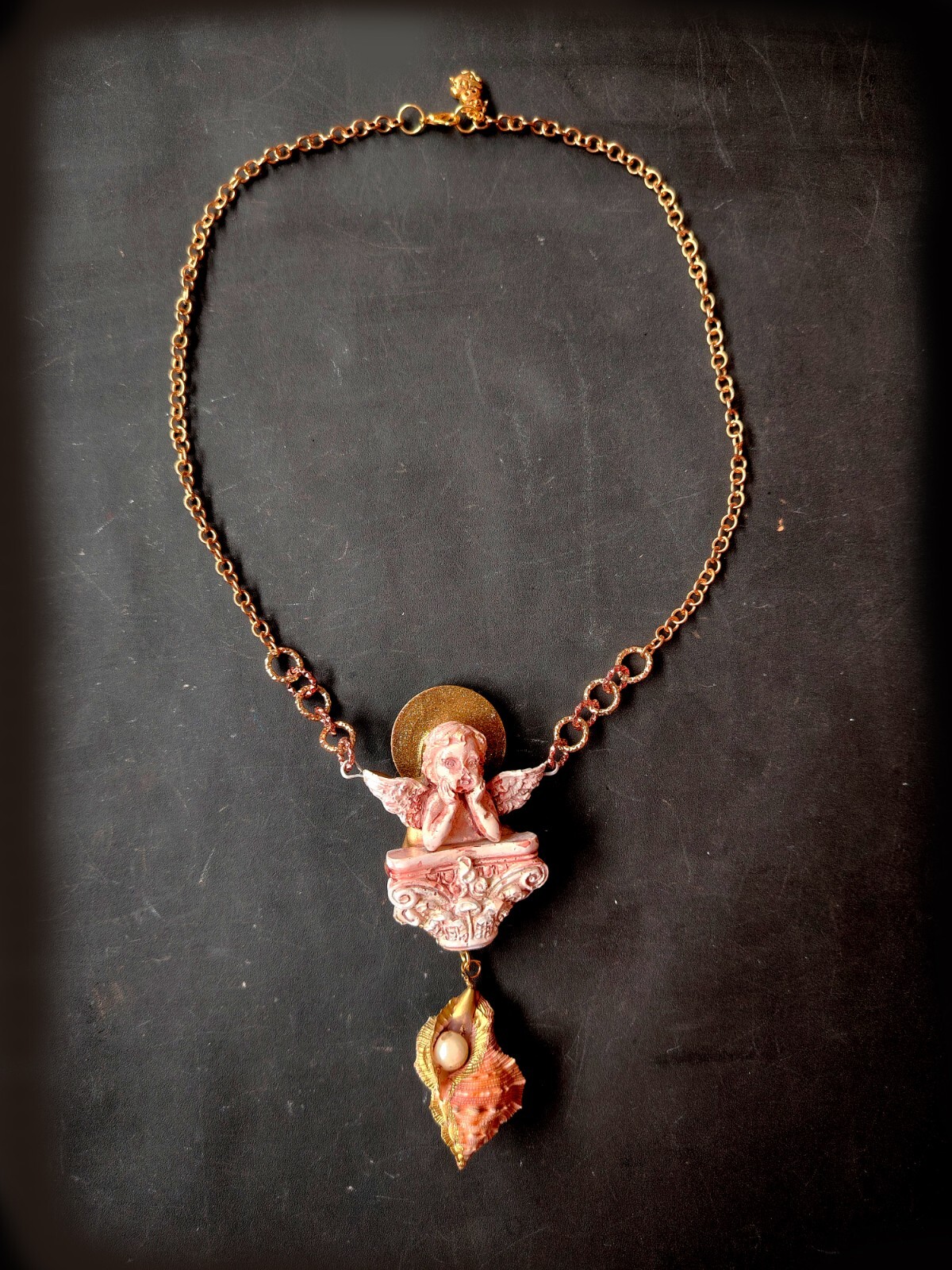 Necklace Winged Angel Cherub Talisman Baroque Pendant Amulet Shell Charm Jewelry