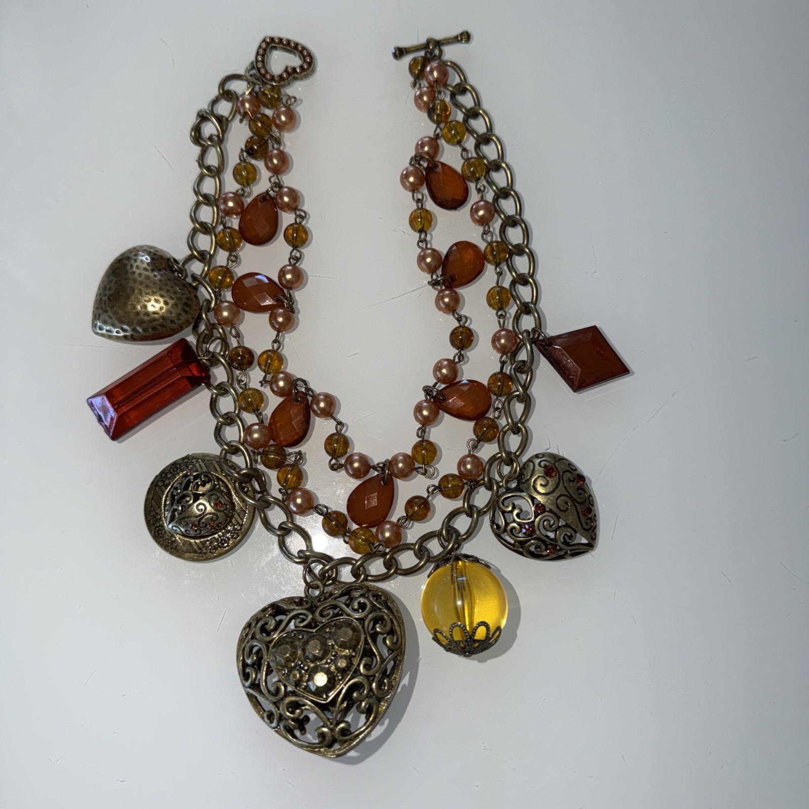 Charm Necklace Gold Mixed Metal Hearts Lock Boho NWT