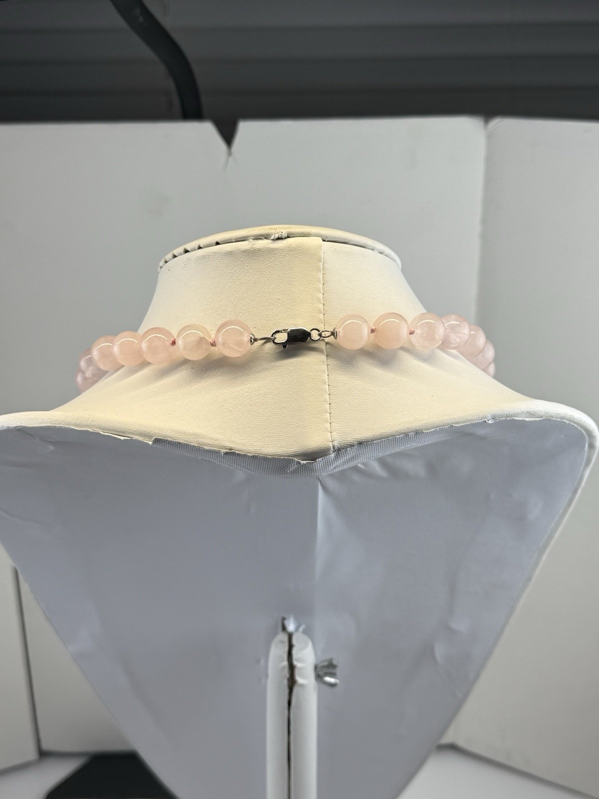 Rose Quartz 12.3mm Beaded Sterling Silver Clasp Necklace 2.25″