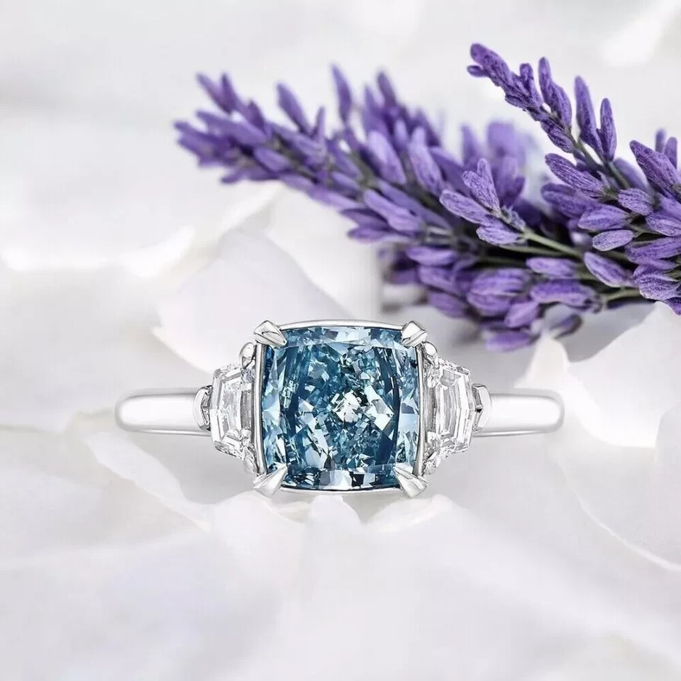 IGI Lab Grown Fancy Vivid Blue Diamond Ring 4.30 Ct Cushion Cut in 950 Platinum