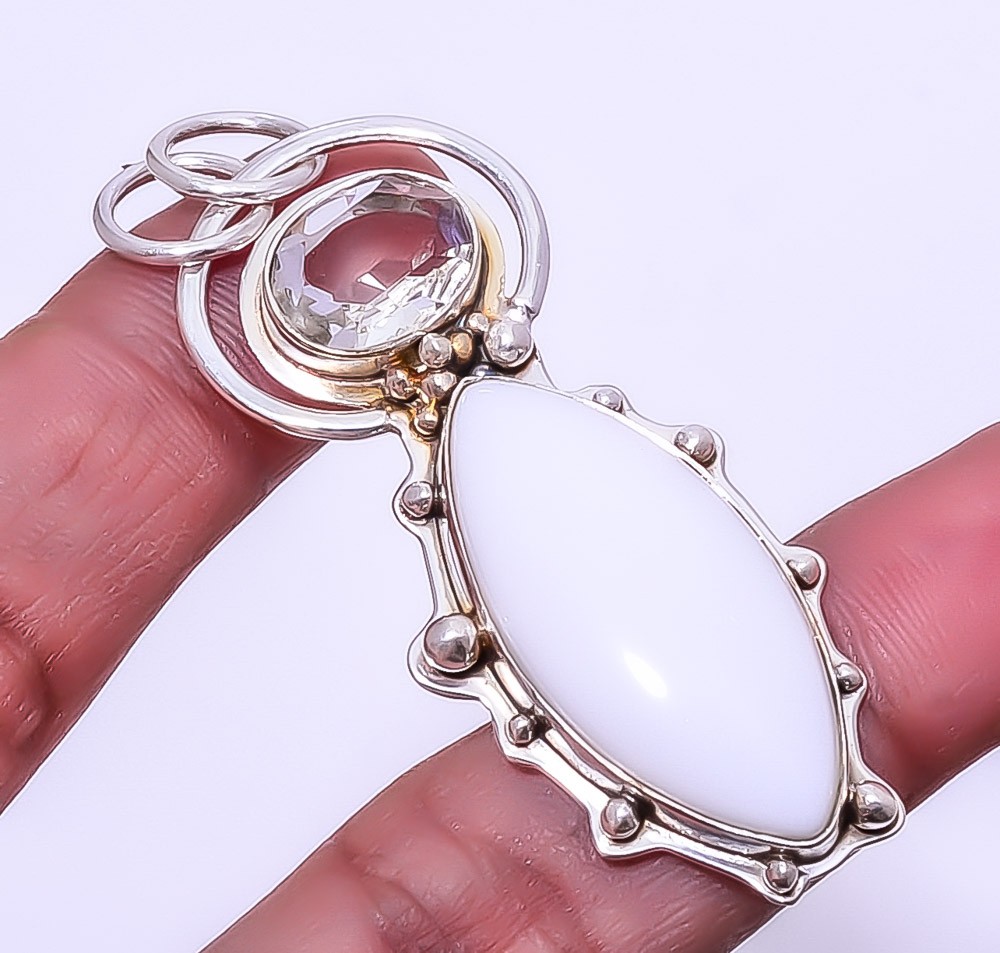 White Coral & Topaz 925 Sterling Silver Pendant 2.34″ A330