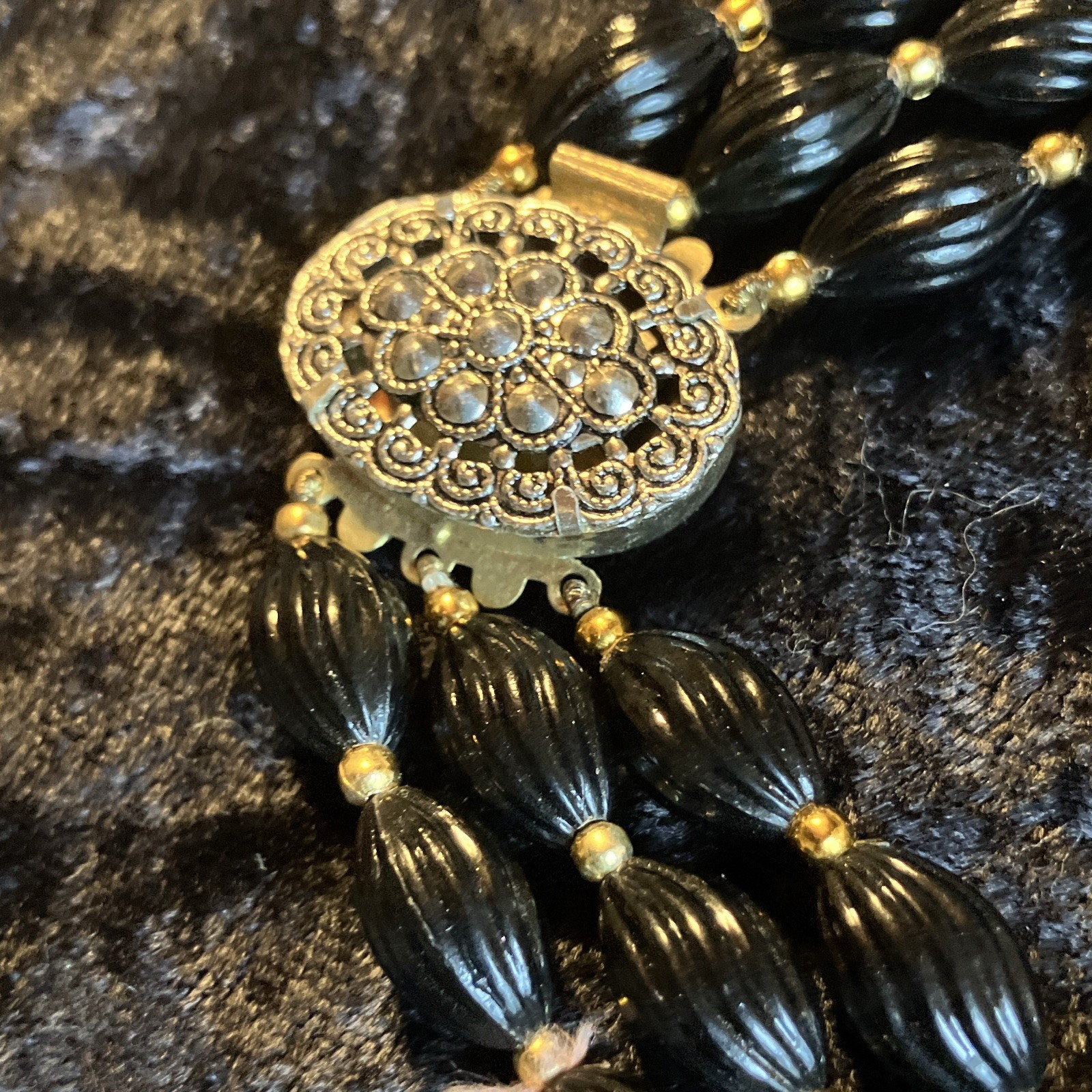 Vintage Multi-Strand Black Iridescent Beaded Necklace Gold Tone Beads Box Clasp