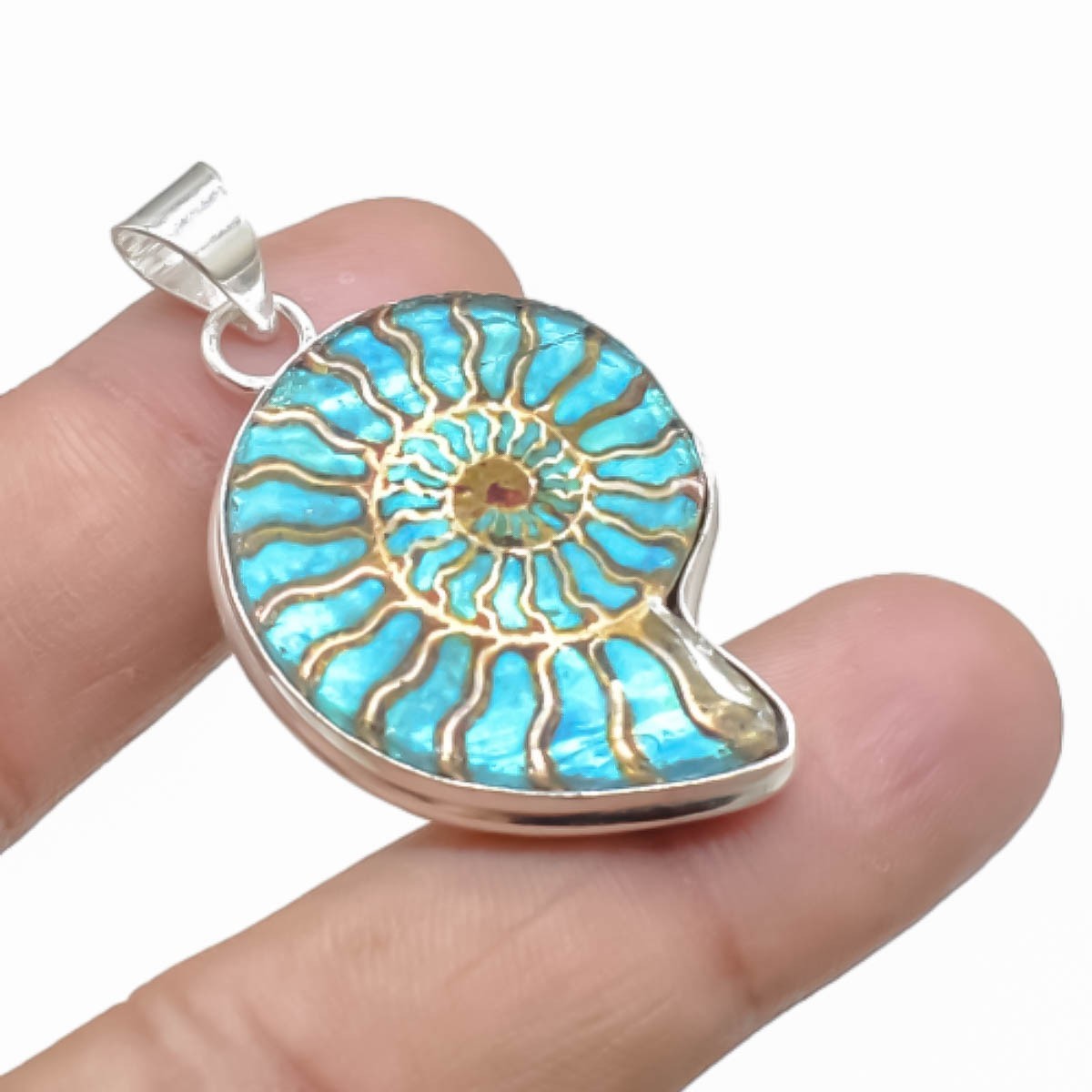 Green Ammonite Fossil Gemstone 925 Sterling Silver Handmade Pendant