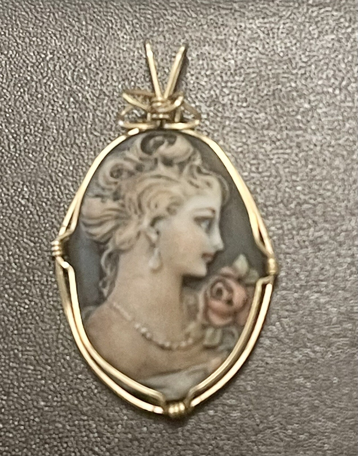 VINTAGE Hand Carved & Painted Bisque Cameo Signed GF Wire Wrapped Pendant Beauty