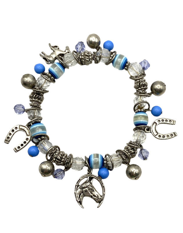 Blue-Clear Beaded Stretch Horse Horseshoe Charm Bracelet Silver Tone Equestrian