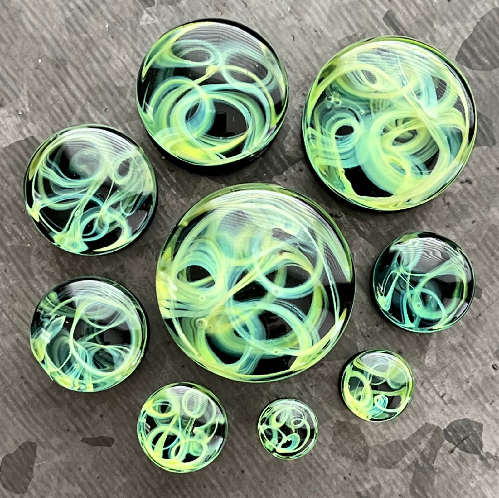 PAIR of Green Swirling Smoke Style Pyrex Glass Double Flare Plugs Body Jewelry