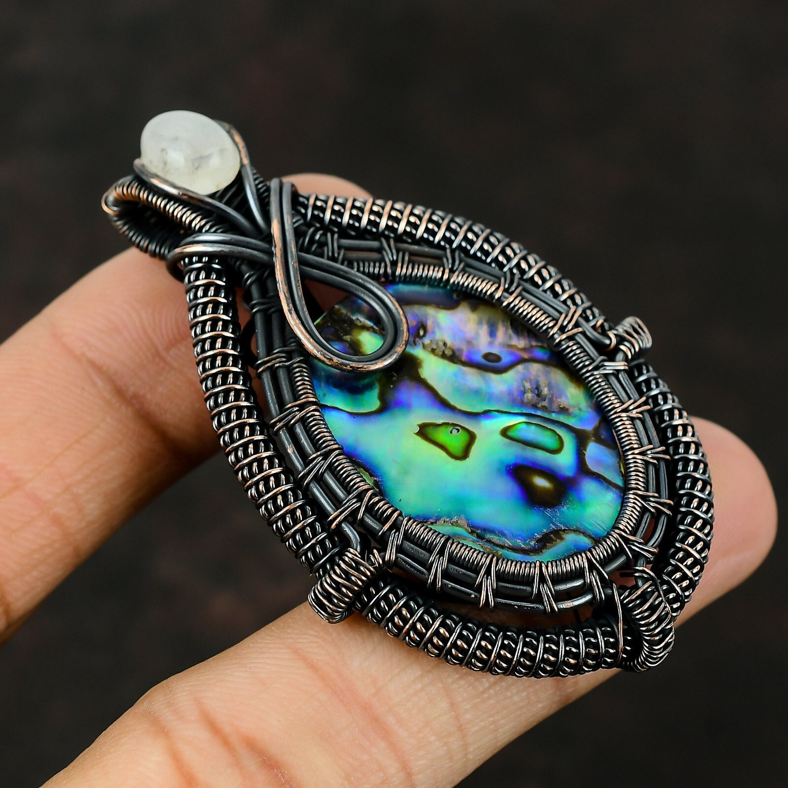 Wedding Gift For Her Copper Abalone Shell Jewelry Wire Wrapped Pendant 2.56″