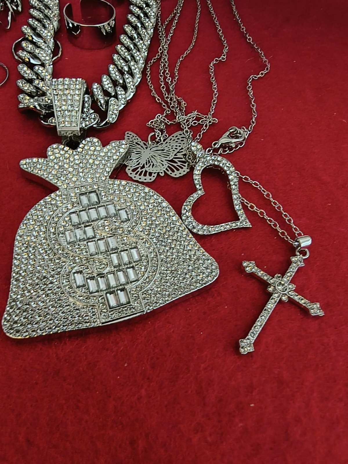 Estate Jewelry Lot Iced Out Cuban Chain Money Bag Rings Necklaces mix Jewelry