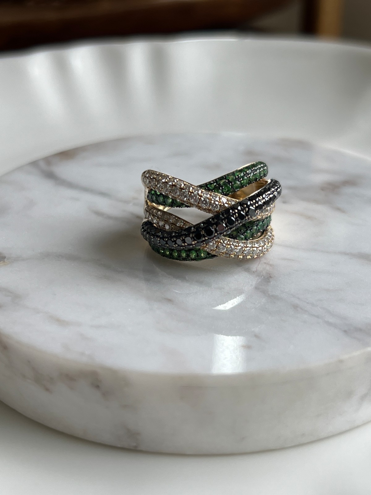 Effy Contemporary Diamond Black Diamond Tsavorite Garnet 14k Gold Cocktail Ring