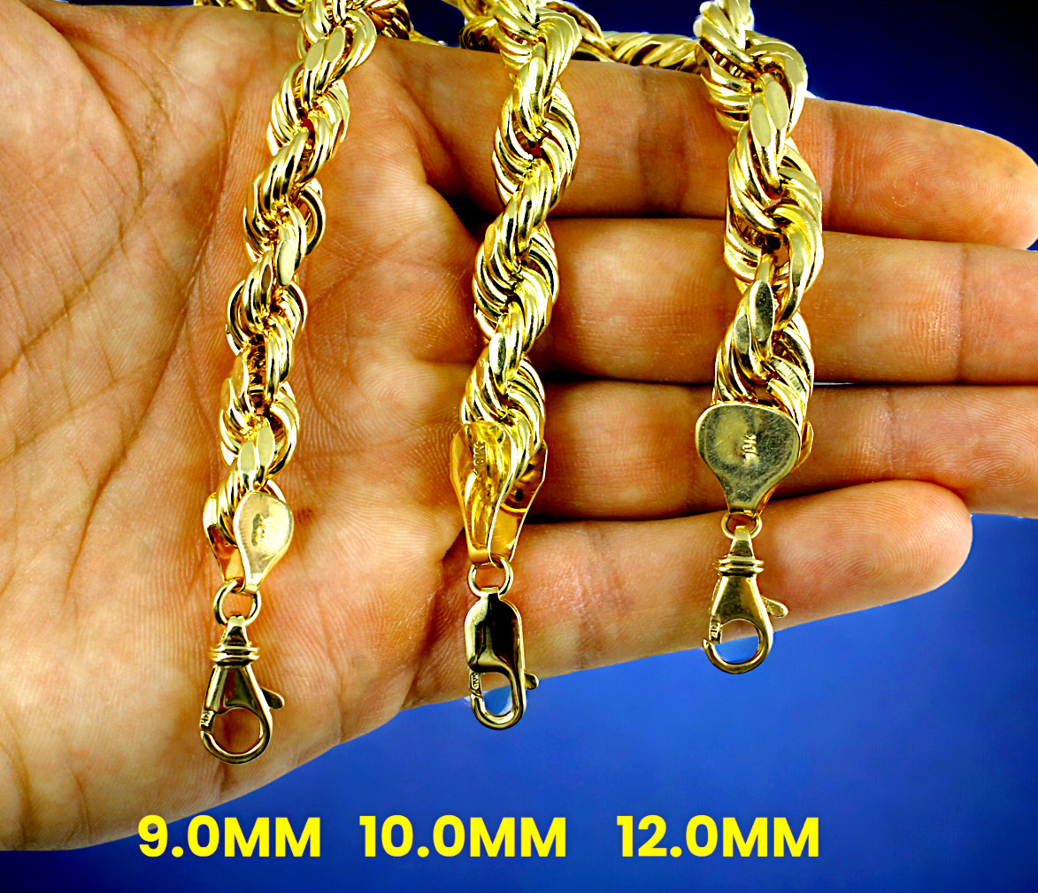 10K Yellow Gold Rope Necklace Chain Diamond Cut Real Gold 2mm-12mm 16″-30″