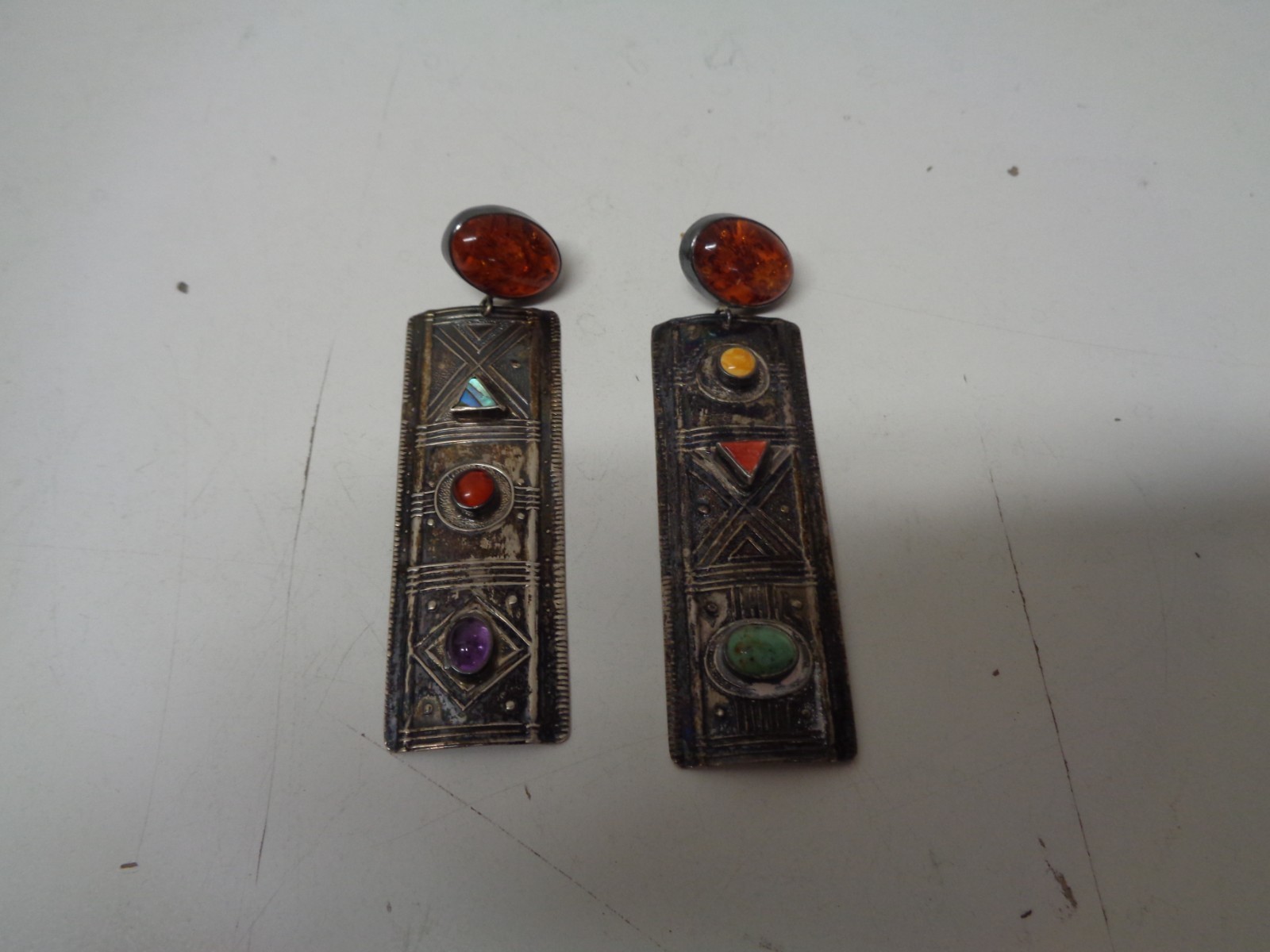 Tabra Amber Coral Turquoise Dangle Silver Earrings