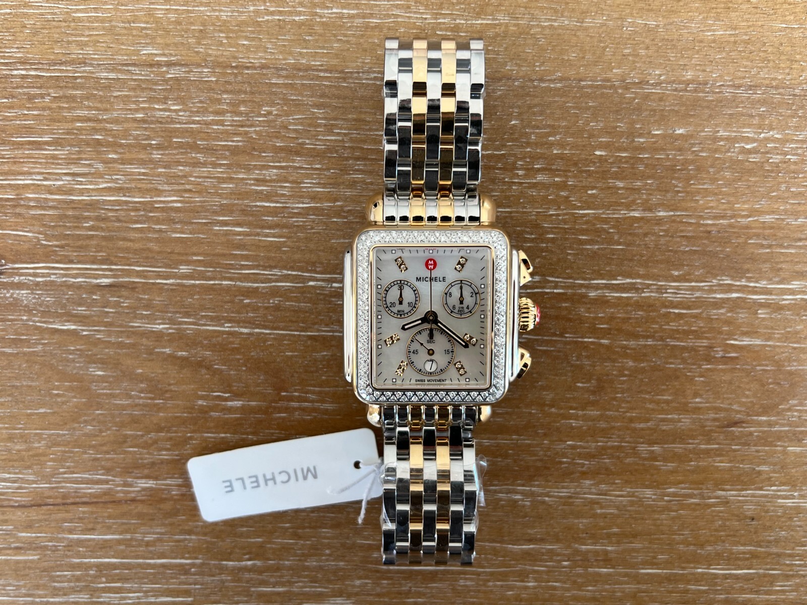 New Michele Deco Diamond Gold Two-Tone MOP Diamond Dial watch MWW06A000776