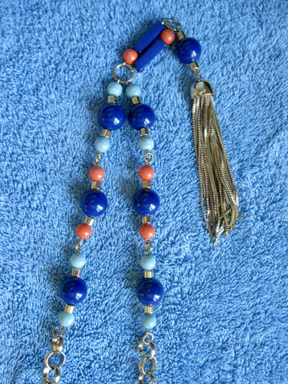 Chain & Beaded Orange & Blues Necklace “T” Logo 19″ Drop w/Metal Tassel Lobster