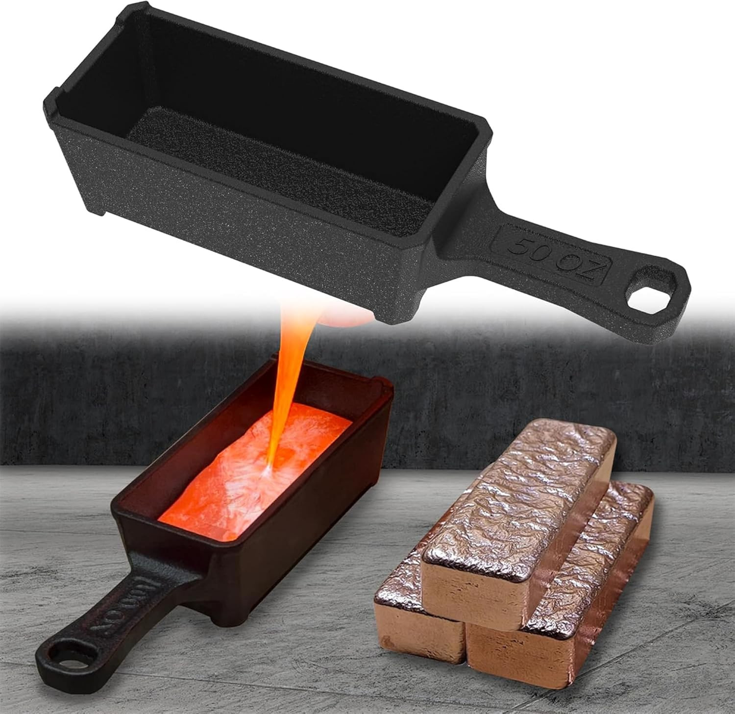 50 Oz Cast Iron Ingot Mold Crucible with Handle for Gold Silver Copper Aluminum