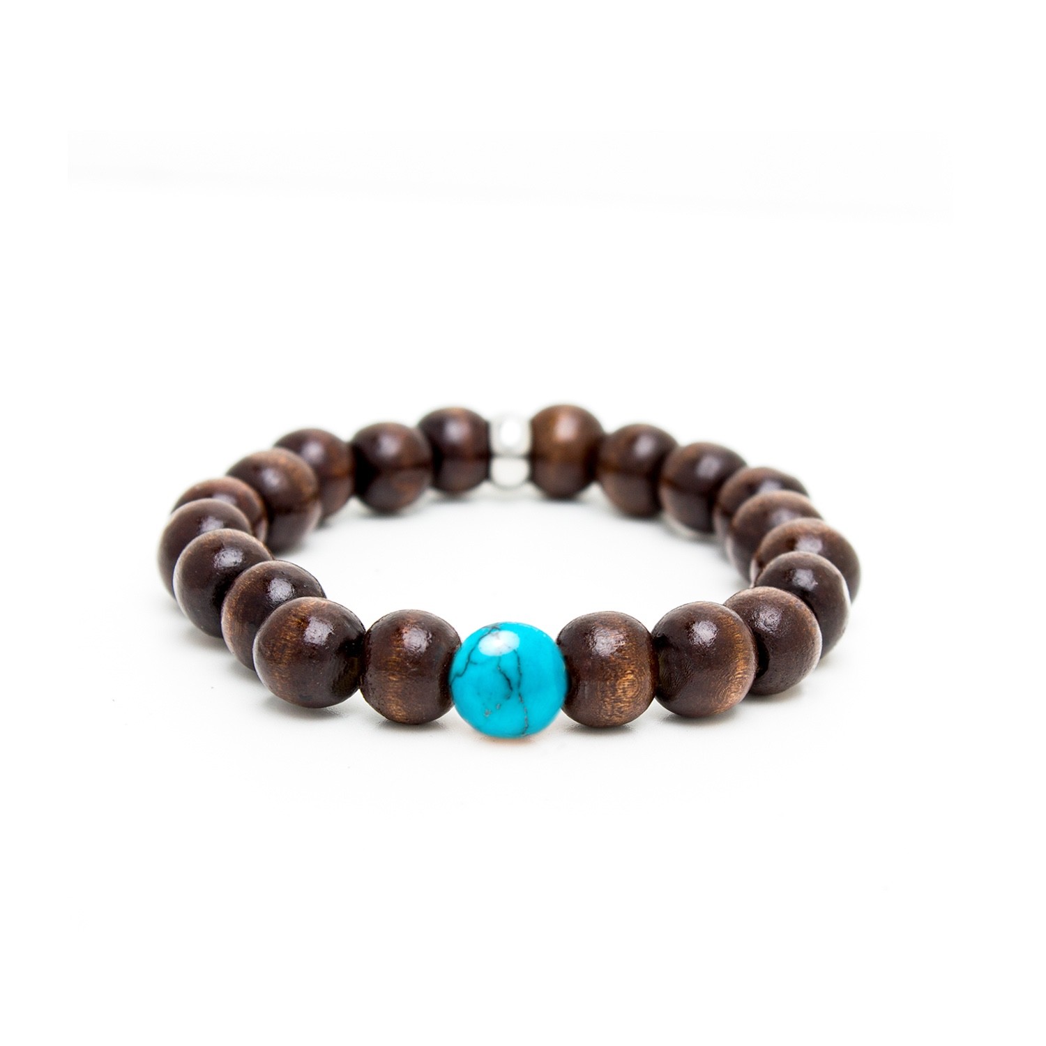 Unixes Wood Bracelet, 10mm wood and turquoise Beads , Dark Brown 7.00 mm Long
