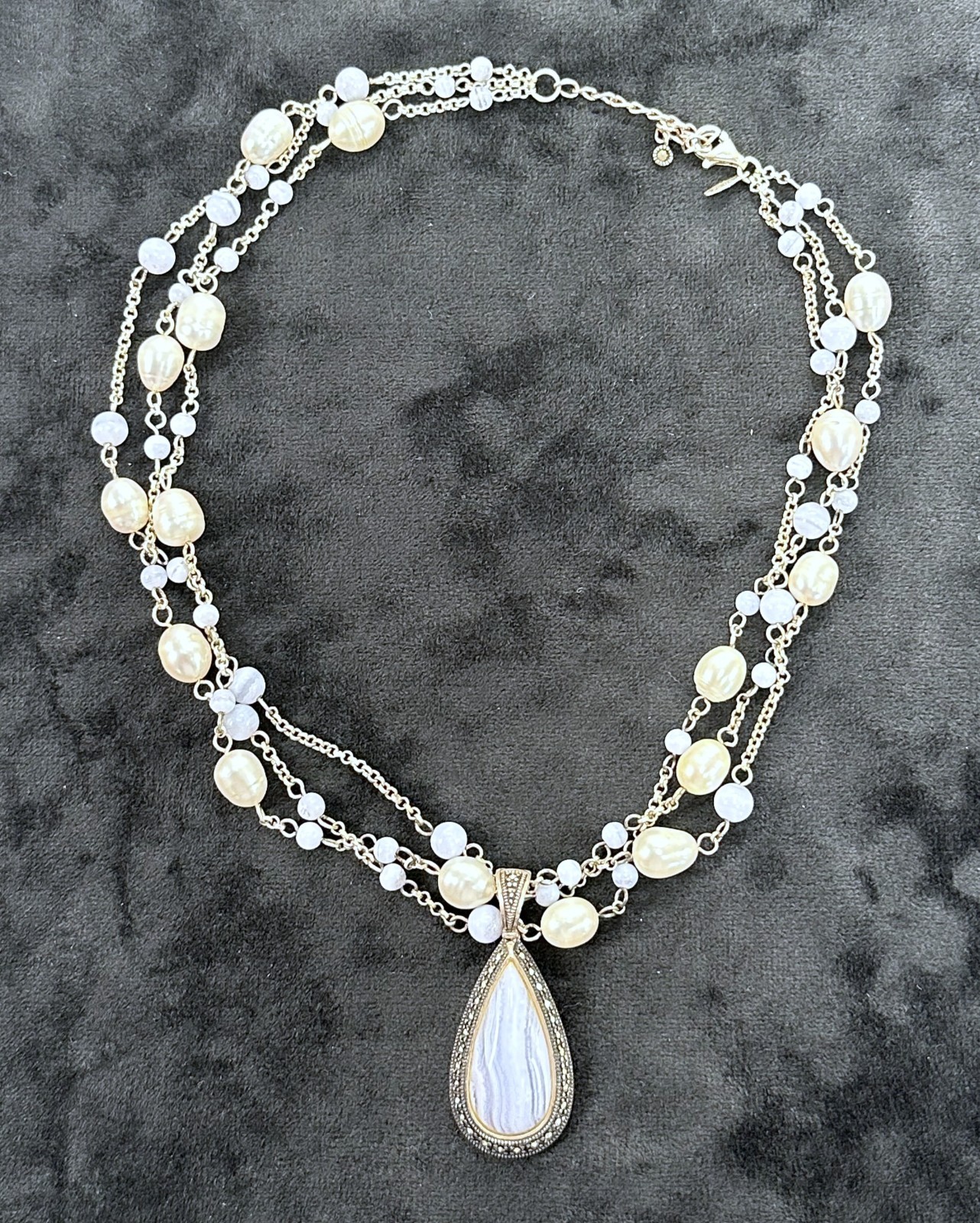 Marcasite 925 Sterling Silver Blue Lace Agate & Pearl 3 Strand Necklace 17″ 39g