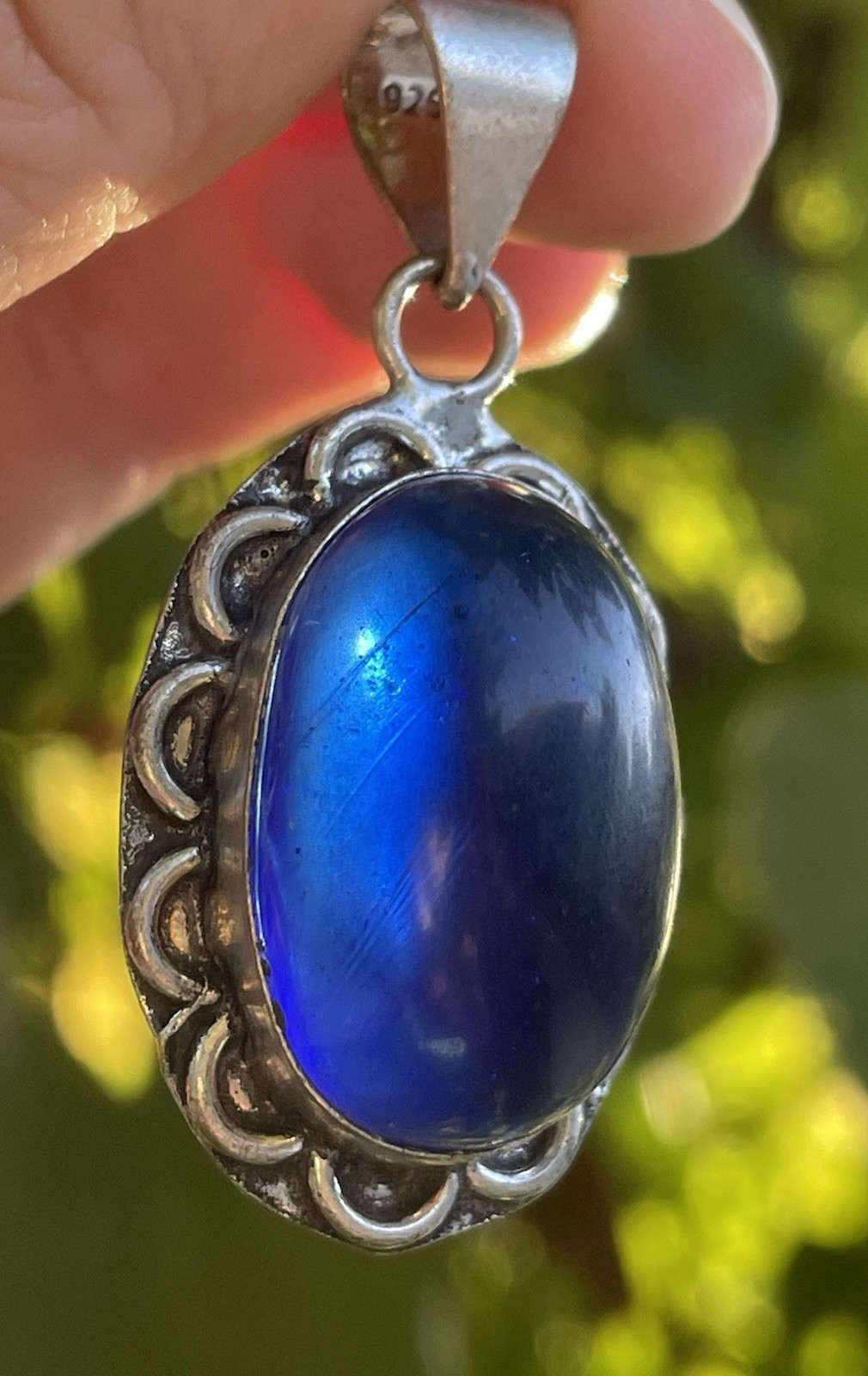 Sterling Silver 925 Cobalt Blue Glass? Cabochon Oval Pendant Vintage Style Boho