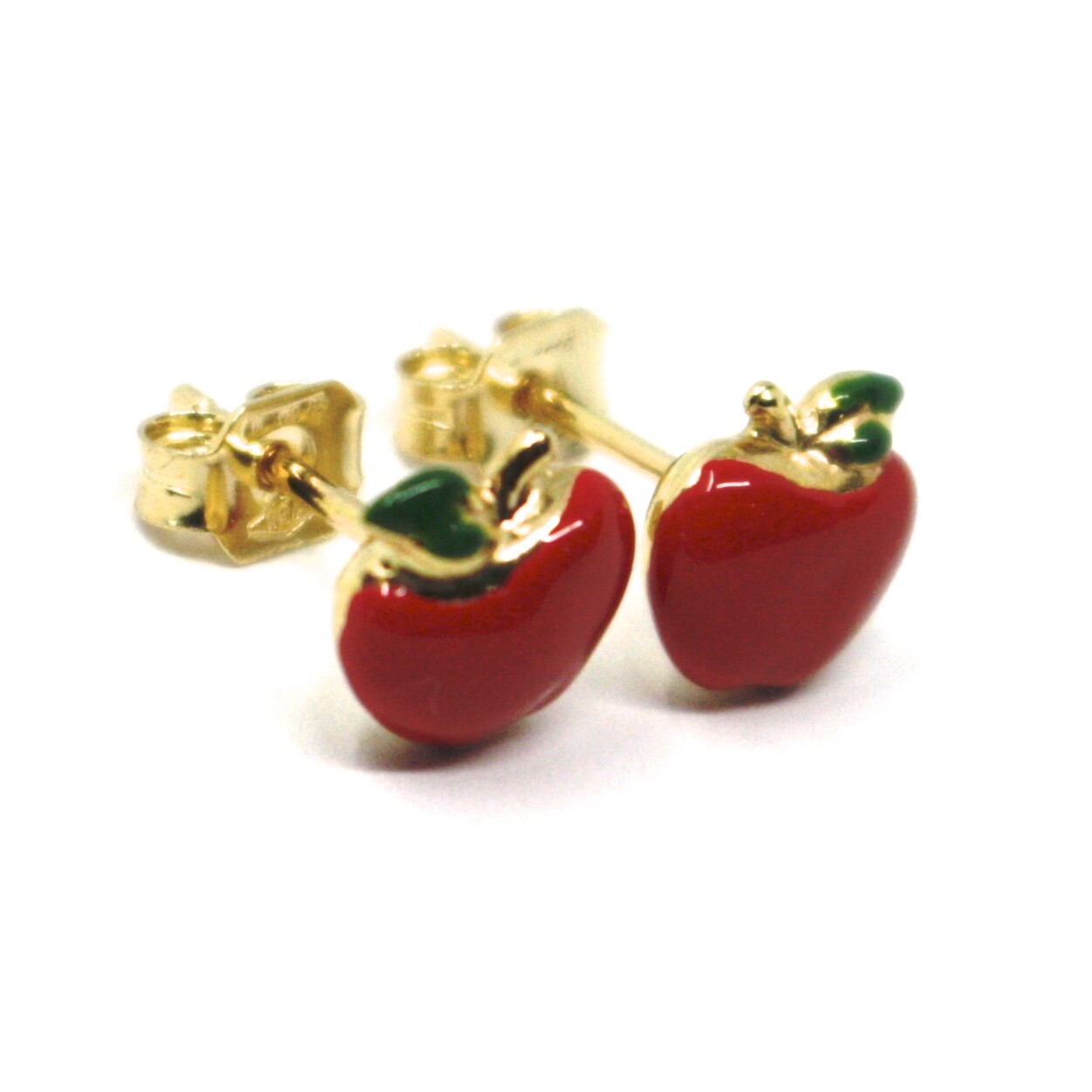 18K YELLOW GOLD STUD EARRINGS, ENAMEL RED APPLE, 9mm, 0.35 INCHES