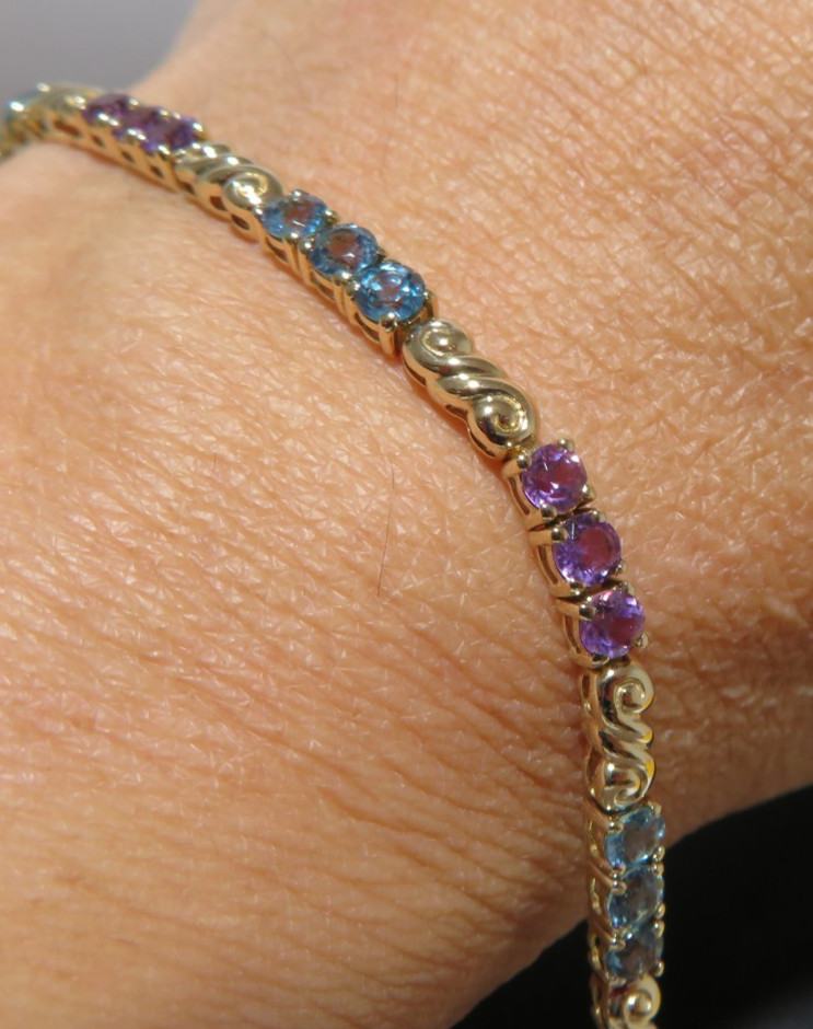 14K YG MULTI-GEMSTONE TENNIS BRACELET 7.25 ” LONG 3.17 MM WIDE 8.19gram (A19268)