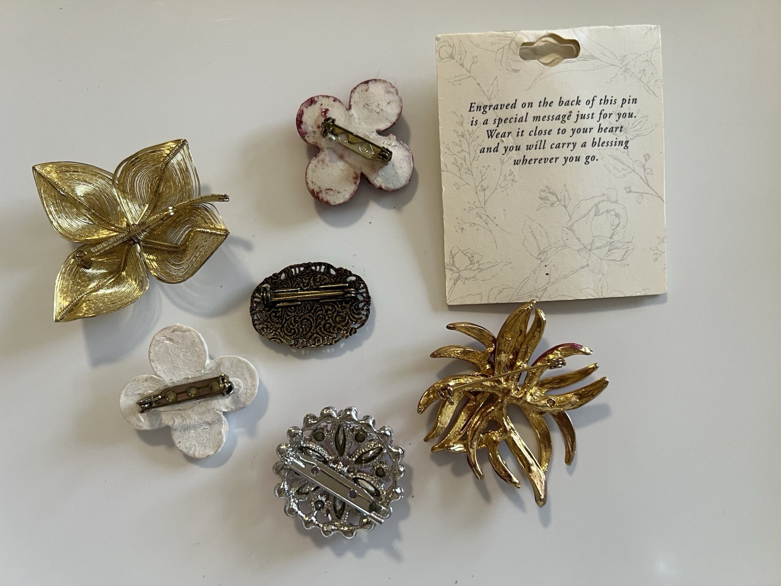 7 Pc Floral Brooch Lot Ceramic Enamel Pink Gold Tone Dogwood Flower Rhinestone