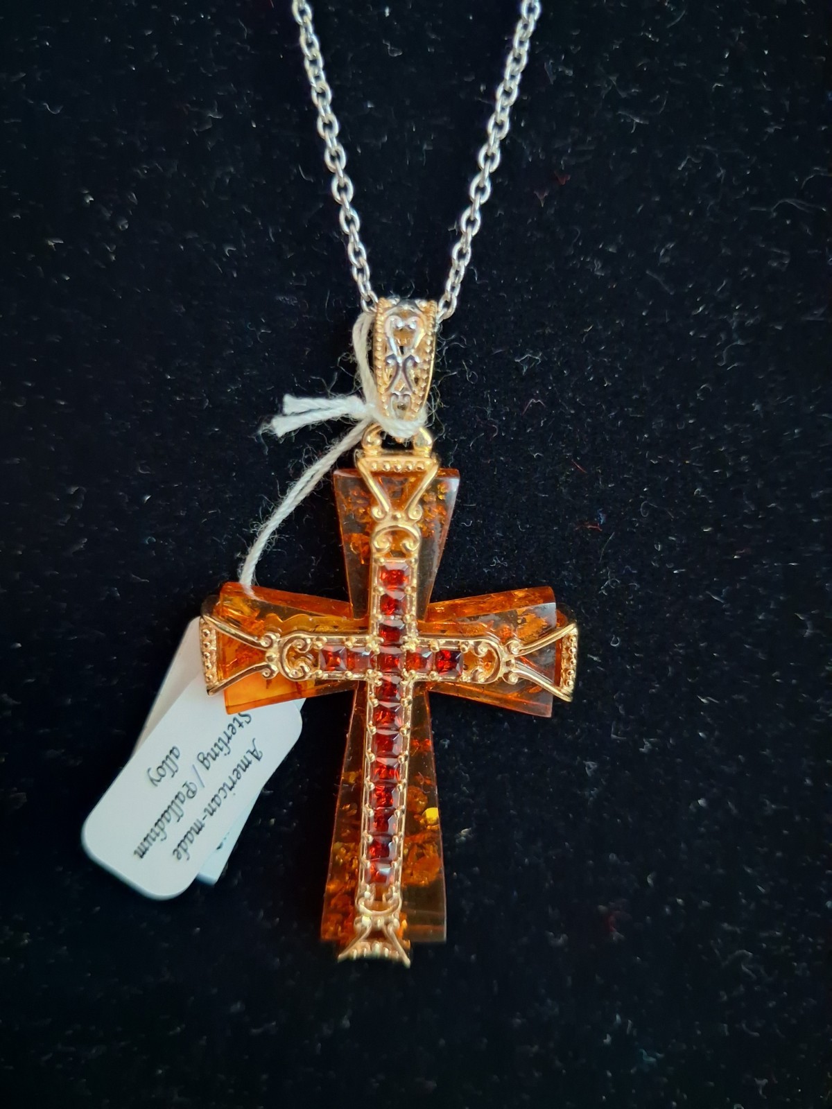 Gems en Vogue Baltic Amber Almondine Garnet Cross 925 Sterling NIB on 18″ Chain