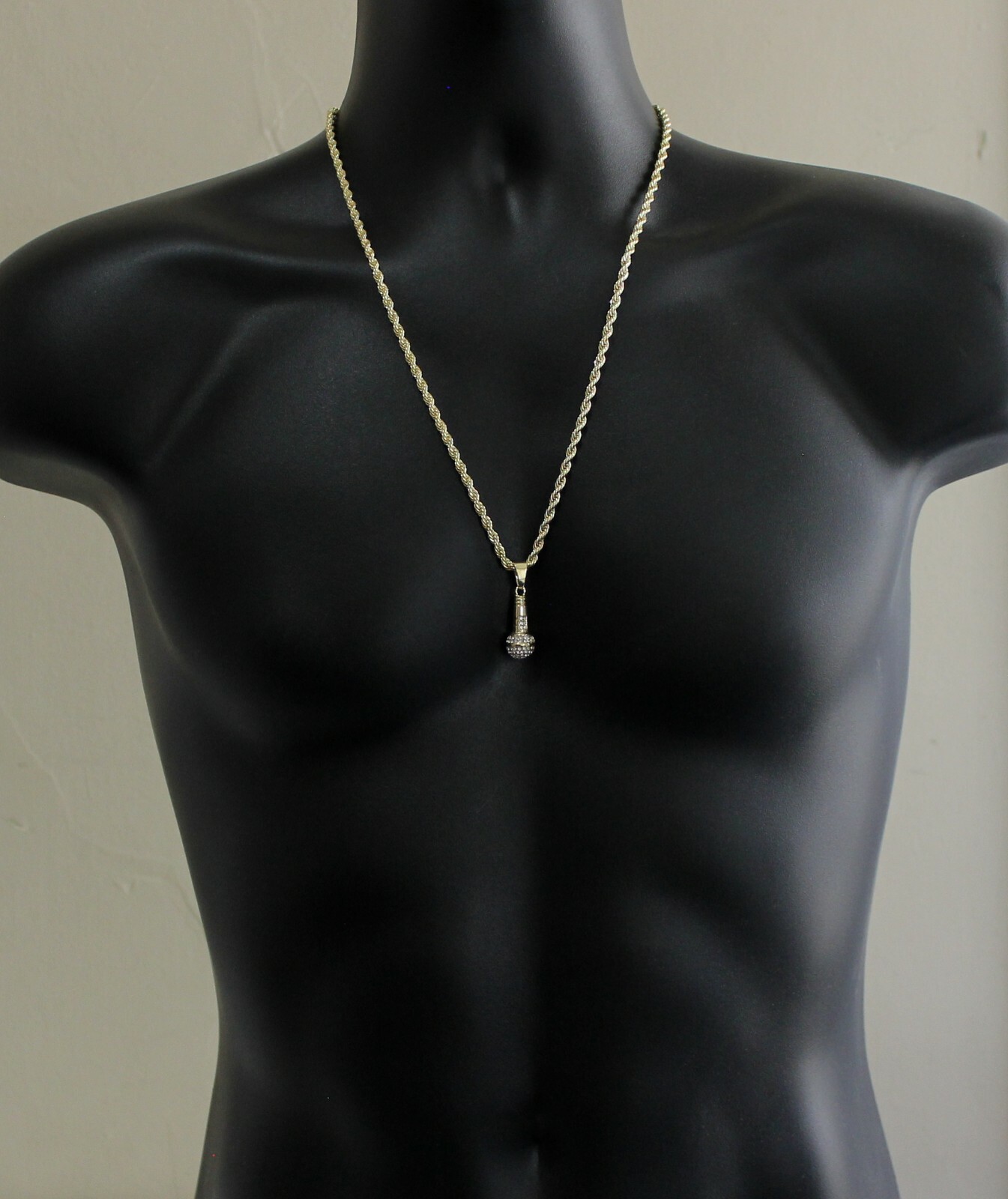 Iced Microphone Rhinestone Pendant 14k Gold Plated 24″ Rope Necklace Hip Hop