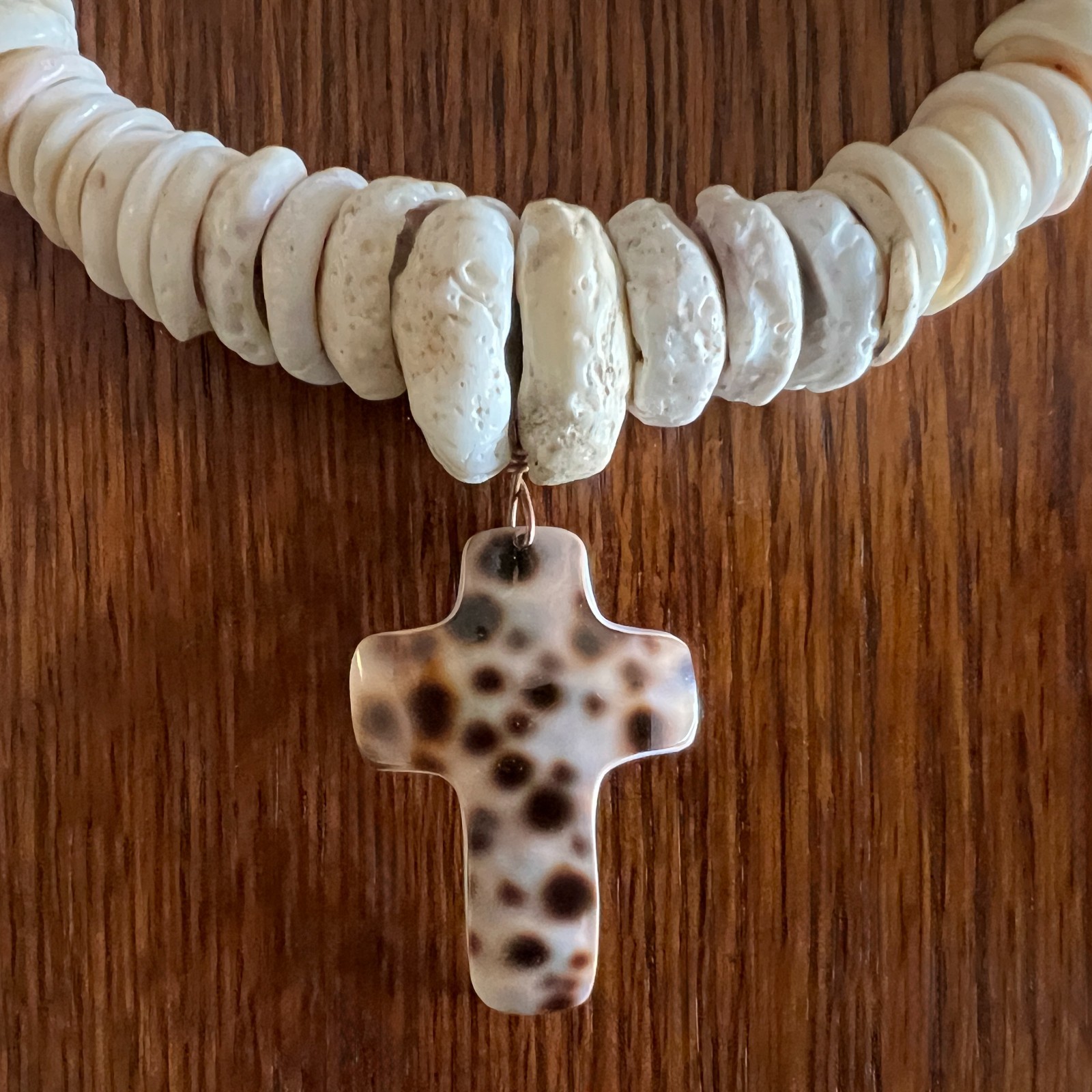 Puka Shell Necklace Vintage 70s w/Hand-Shaped Tiger Cowrie Shell Cross Pendant