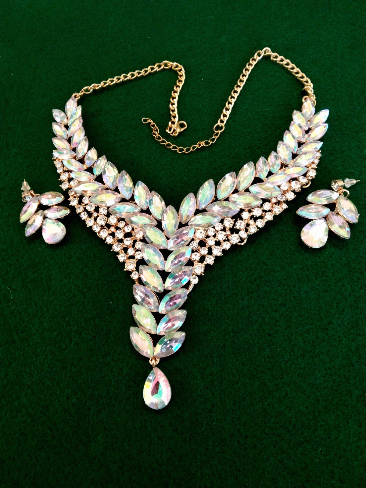 Contemporary Necklace Set Acrylic AB Marquis Stones Gold Tone Pierced Bridal