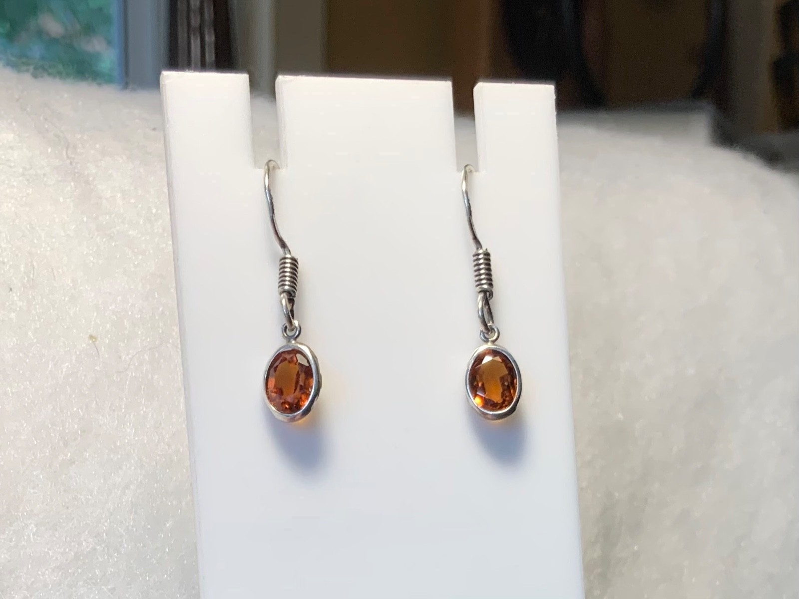 STERLING SILVER .925 HESSONITE GARNET 8MMX6MM RED/ORANGE EARRINGS BEZEL SET