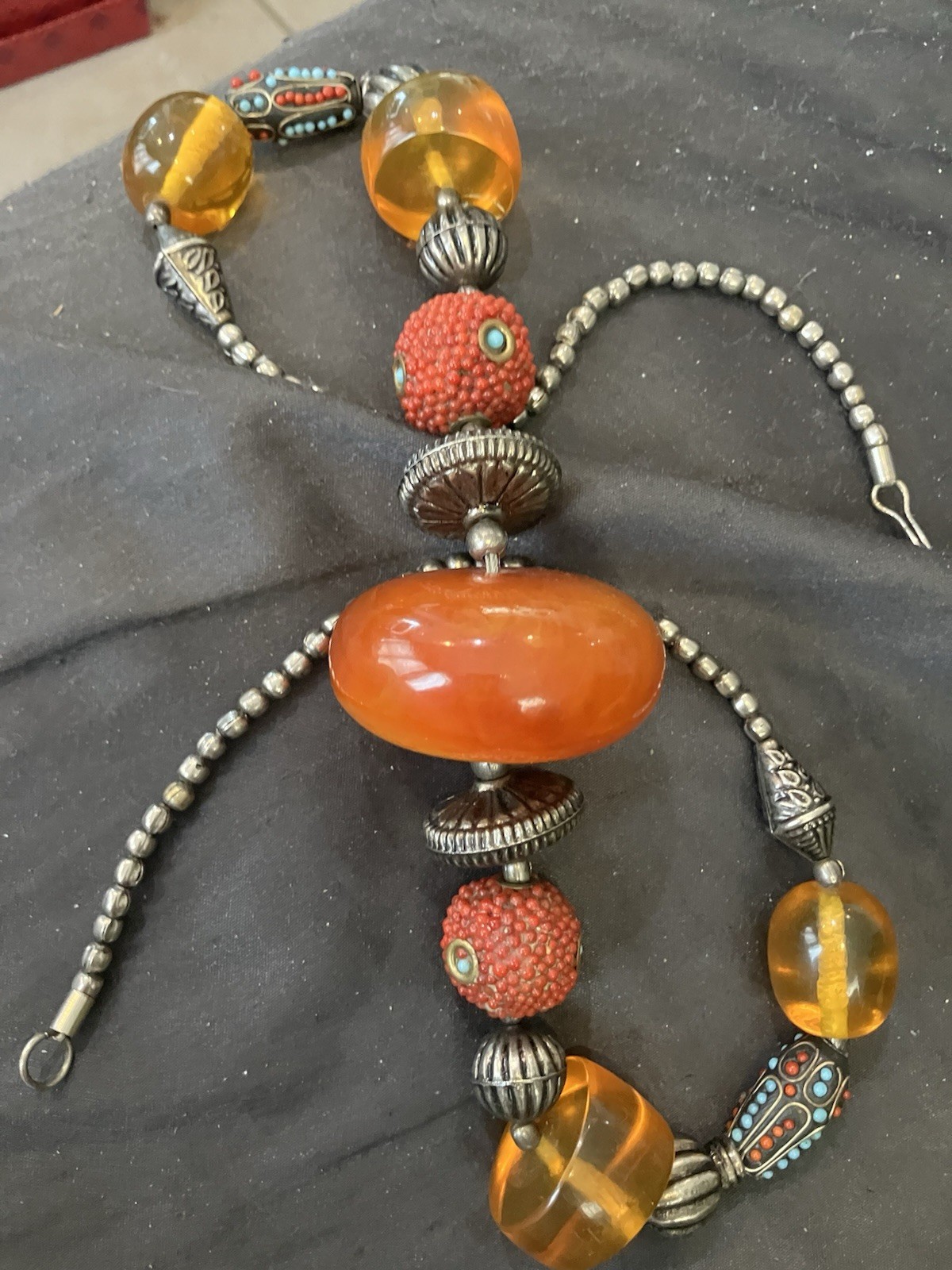 Estate Berber African Resin Amber Coral Turquoise Bohemian Style Necklace Bead