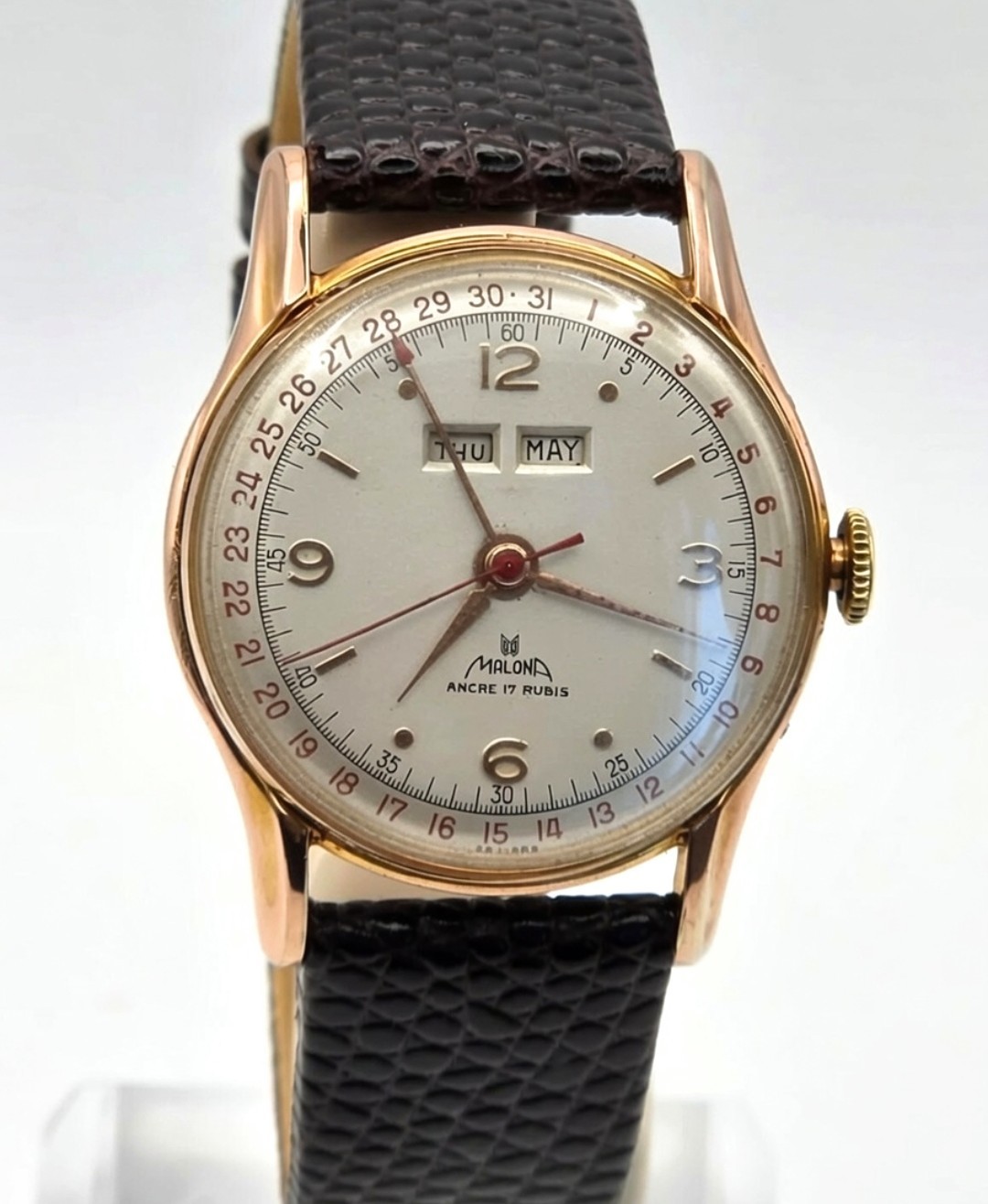 Vintage Swiss Triple Calendar Manual Wind Watch Malona 17J 40’s excellent