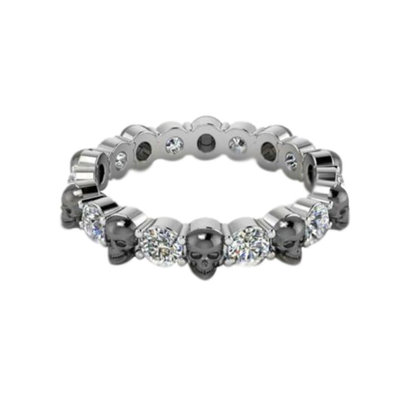 2.50Ct Round Eternity Diamond Black Skull Band Ring 14K White Gold Finish Silver