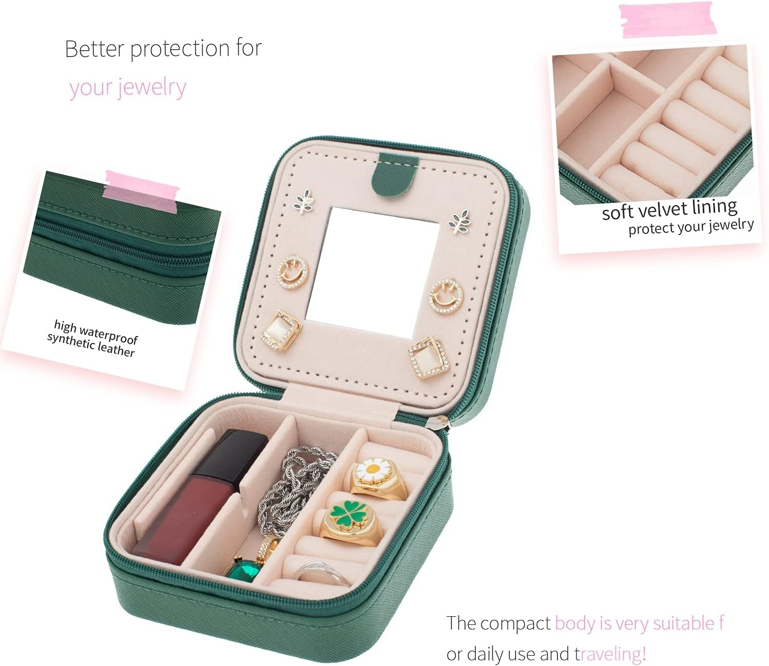 Travel Jewelry Organizer Small box Gift for Girls Women with Mirror(Green)