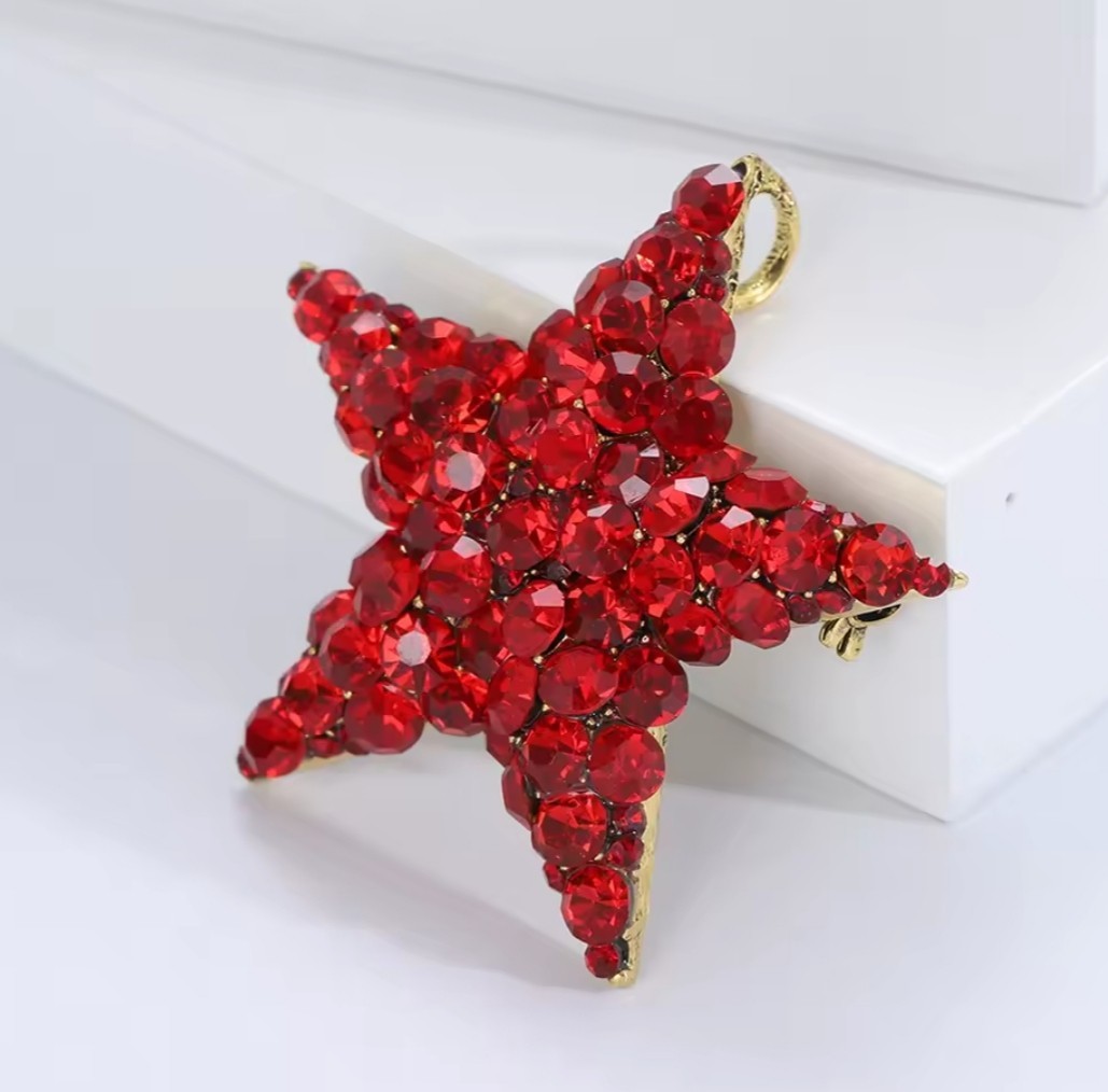 RED CRYSTAL RHINESTONE GOLD STAR PIN BROOCH PENDANT~CHRISTMAS HOLIDAY GIFT