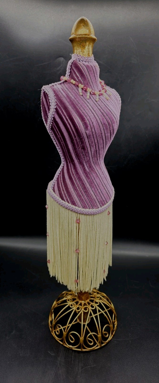 Vntg Flapper Style Table Top Bust Form Purple Velvet Fringe Mannequin 18¼”