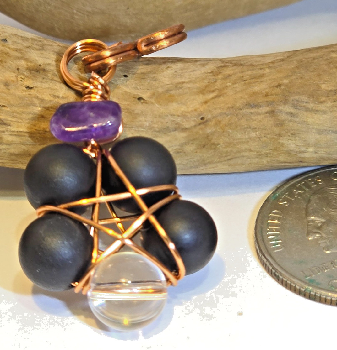 Copper Wire Wrapped 5-Point Star Pendant w/ Blue Flash Labradori & Amethyst Chip
