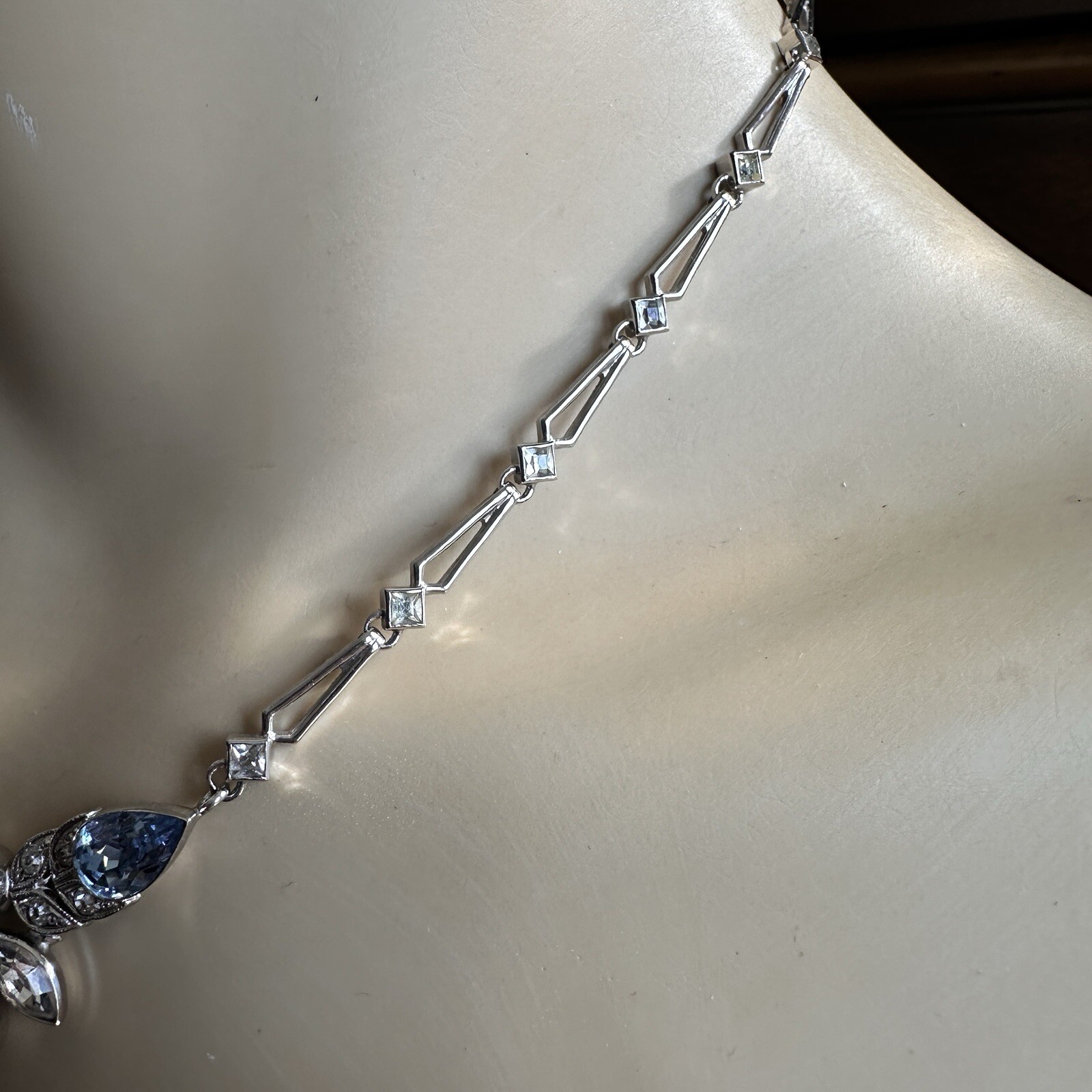 VTG Engel Brothers Art Deco Link Necklace 15 Inch Clear Blue 925 Sterling 16.8g
