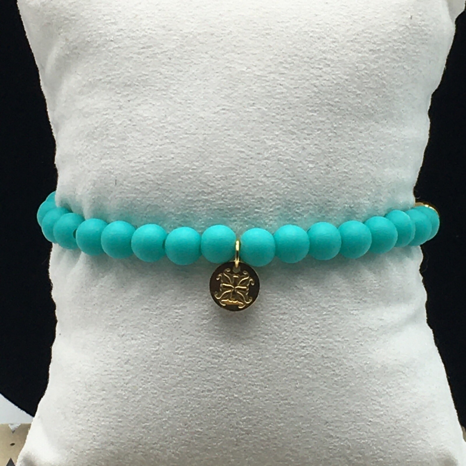 Rustic Cuff Mini Melanie Gold Tone Bracelet Teal Silicone Beaded Charm Logo