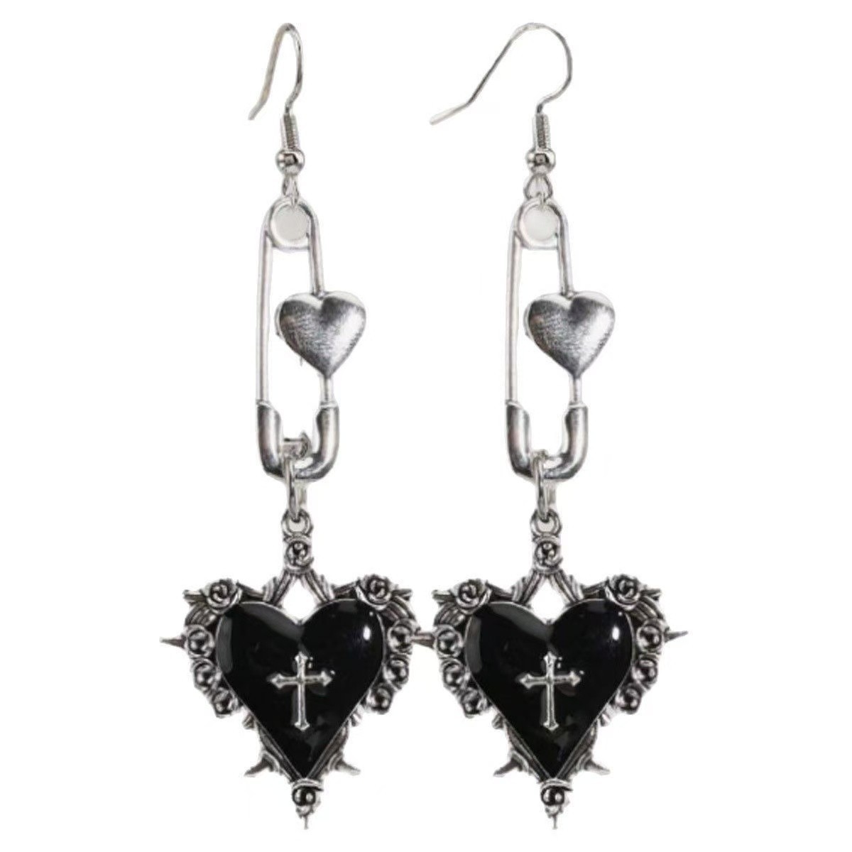 GothicSafety Pin Dangle EarringsThorn RoseCross BlackHeart Vintage Drop Earrings