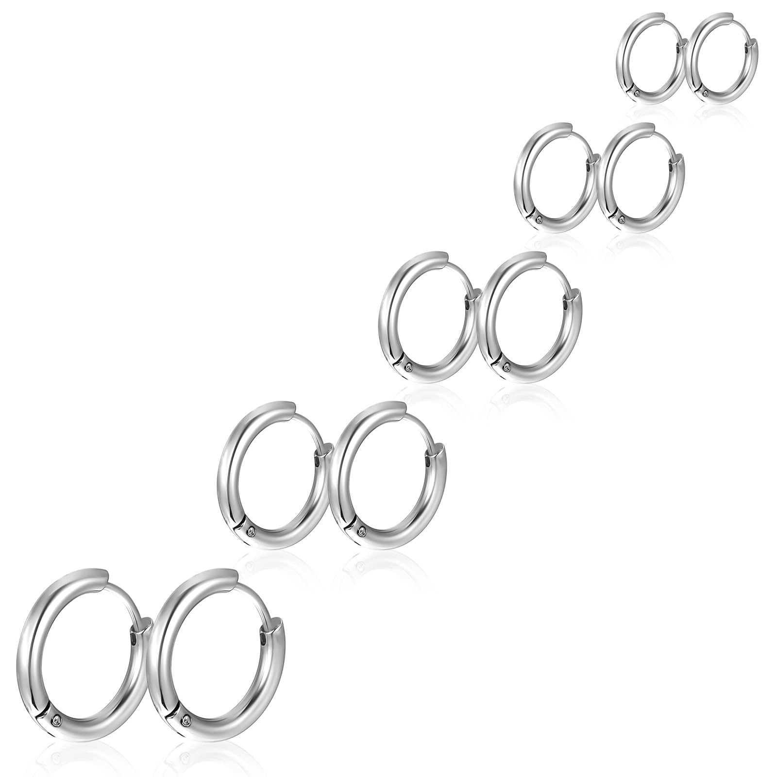 5 Pairs Solid Titanium Hoop Earrings 8mm, 10mm, 12mm, 14mm, 16mm, silver