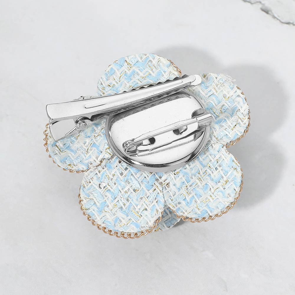 2pcs Pearl Accent Blue Tweed Flower Brooch Hair Clip Lapel Pin Women’s Gift